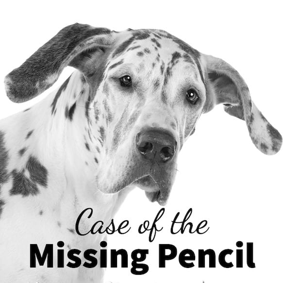 Great Dane dog's face and title, the Case of the Missing Pencil 