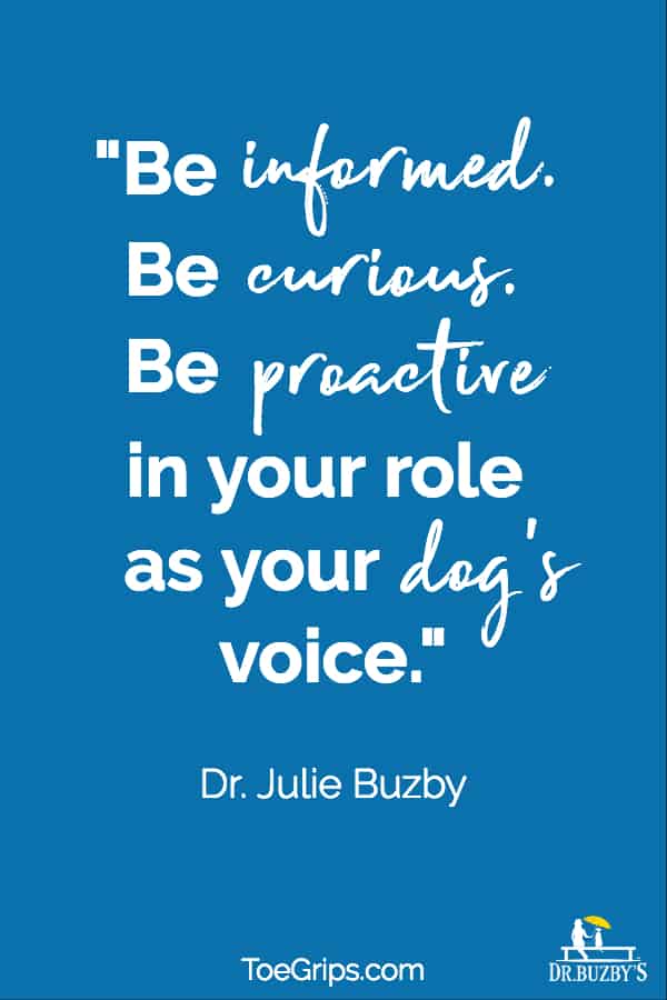 Quote by integrative veterinarian Dr. July Buzby says Be informed. Be curious. Be proactive in your role as your dog's voice. 