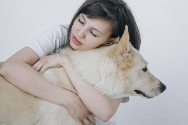 Female owner hugging a white Shepherd showing the owner's concern about IBD in dogs