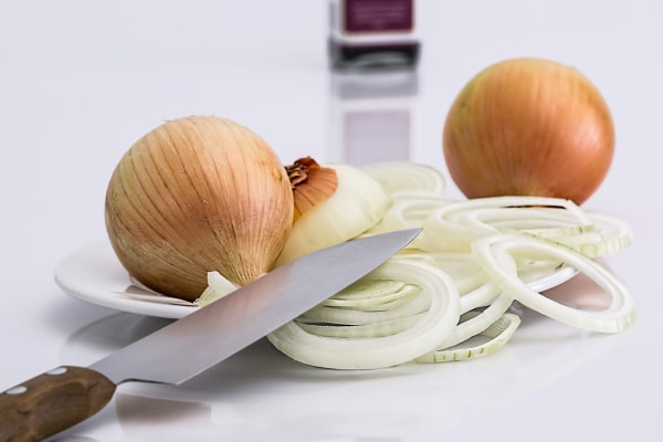 Plate of chopped onions, which can cause anemia in dogs if ingested