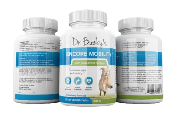 three bottles of dr buzby's encore mobility joint supplement for dogs showing the front, side, and back of label, photo 