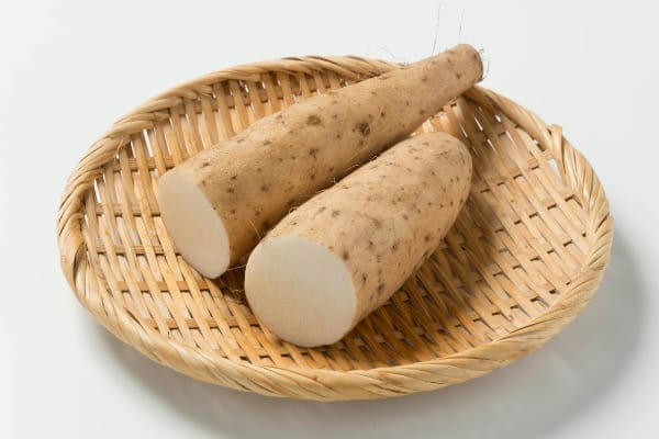 Chinese yam, an ingredient in Yunnan Baiyao, on a wicker plate, photo