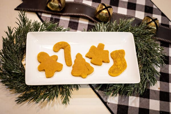 Homemade holiday dog treats on a plate, photo