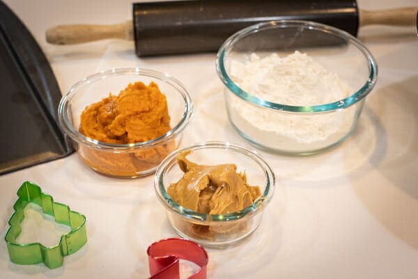 Cookie ingredients, canned pumpkin puree, flour and peanut butter.  Photo