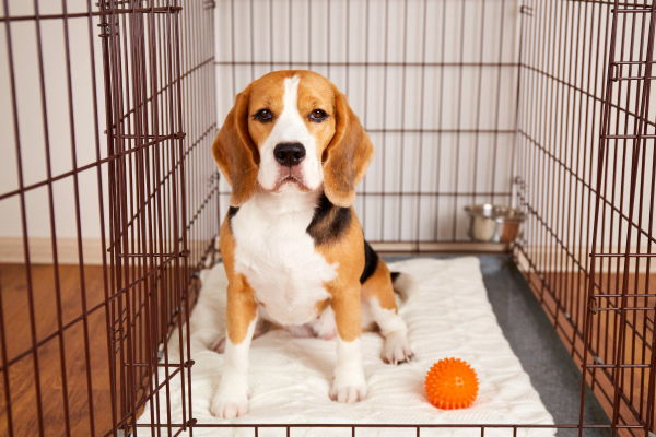 Dog sitting in a wire crate with a toy