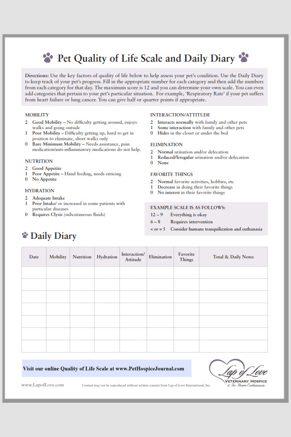 Pet Quality of Life Scale and Daily Diary with a chart to help dog owners assess their dog's condition, image