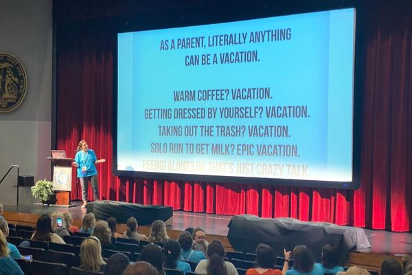 Dr. Julie Buzby standing on stage sharing a healthy dose of humor at the Veterinary Encouragement Conference through a humorous slide presentation