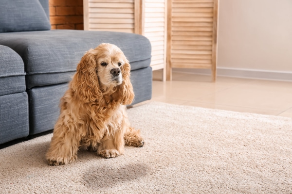 Cocker Spaniel sitting next to a urine puddle on the carpet to show that a UTI can have a fishy smell