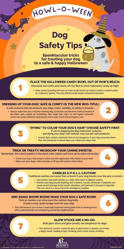 Halloween Dog Safety Tips infographic of hazards for dogs at halloween