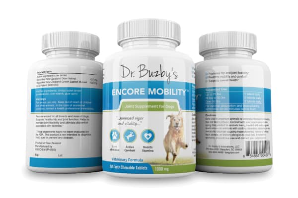3 bottles of a dog joint supplement called Encore Mobility