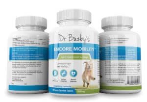 Bottle of Dr. Buzby's Encore Mobility joint supplement for senior dogs and title More Good Days. Photo.