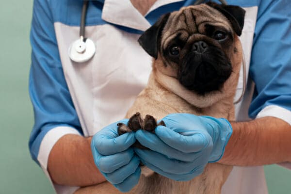 Veterinarian palpating the toes of a Pug, photo
