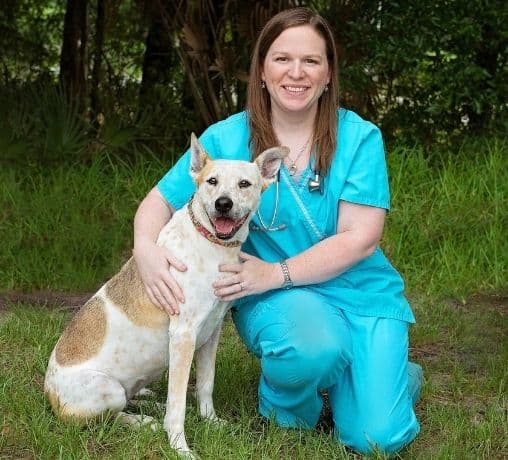 Veterinarian and contributing editor to the veterinary blog Lauren Blackwelder wearing blue scrubs and holding a happy dog