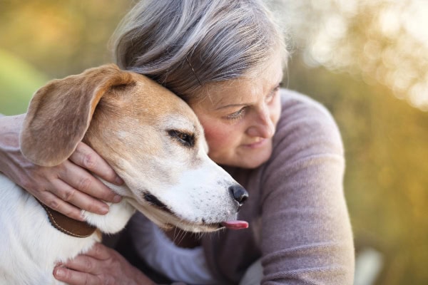 Owner hugging her senior dog