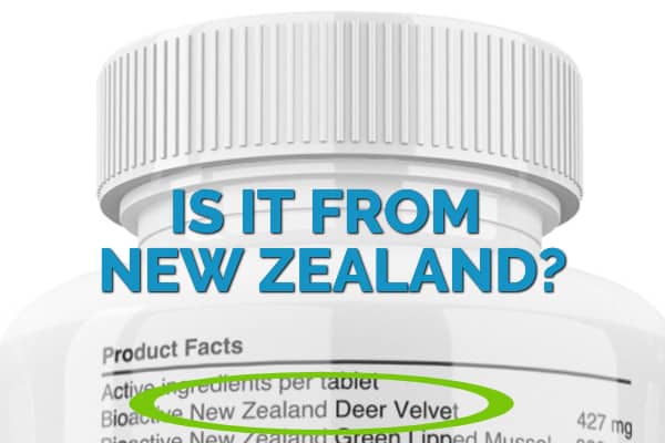 back of deer velvet bottle with title, "Is it from New Zealand" and ingredient "New Zealand Deer Velvet" circled, photo