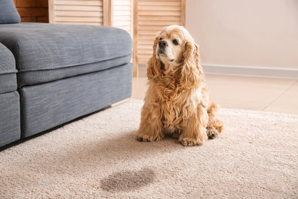 Adult Cocker Spaniel sitting next to a urinary accident in the house on the carpet