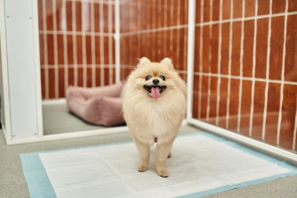 Pomeranian standing outside of a crate on a potty pad
