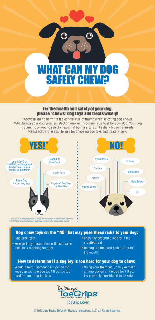 infographic with list of safe chew toys for dogs