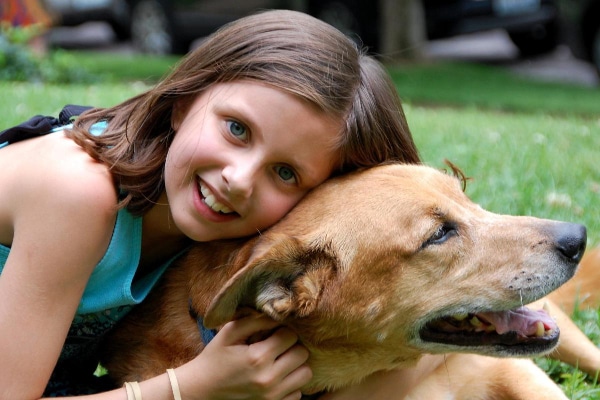 Little girl hugging her Labrador mix, photo