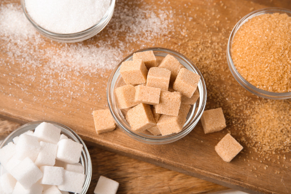 Different bowls of sugar on the counter